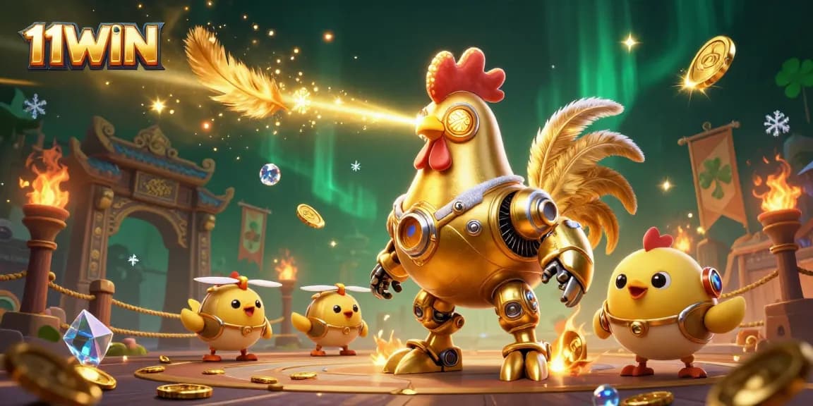 Engage with 11WIN's exciting atmosphere as golden rooster robots and chick drones bring winning energy to the game!