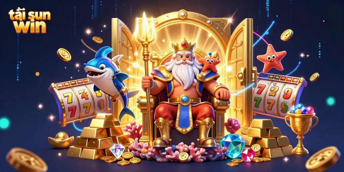 Play slots and win with tải sun win, featuring Neptune and treasures in a vibrant casino scene.