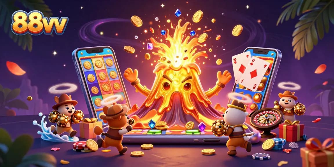 Experience thrilling wins at 88vv with treasures erupting from a golden volcano in this vibrant casino scene