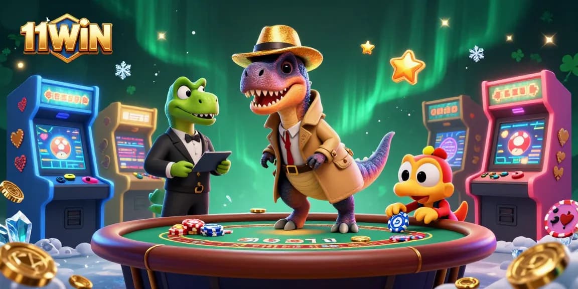 Play 11WIN's thrilling blackjack game with a cartoon velociraptor card counter and colorful arcade elements.