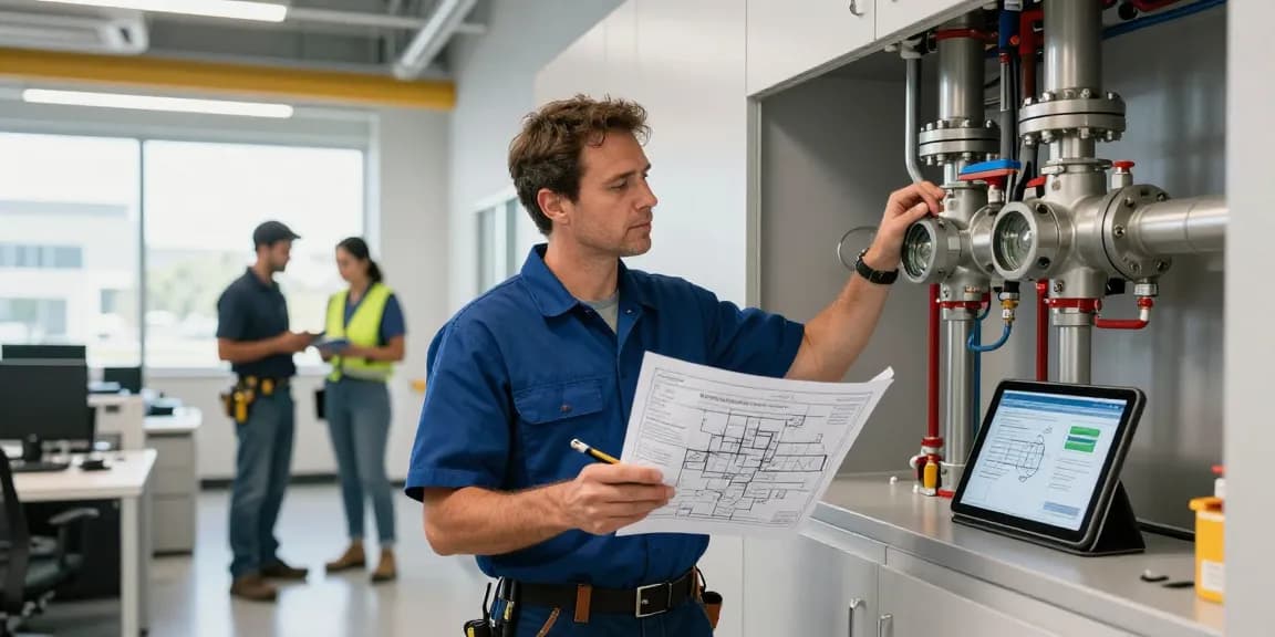 Expert inspecting commercial plumbing systems in San Diego office.