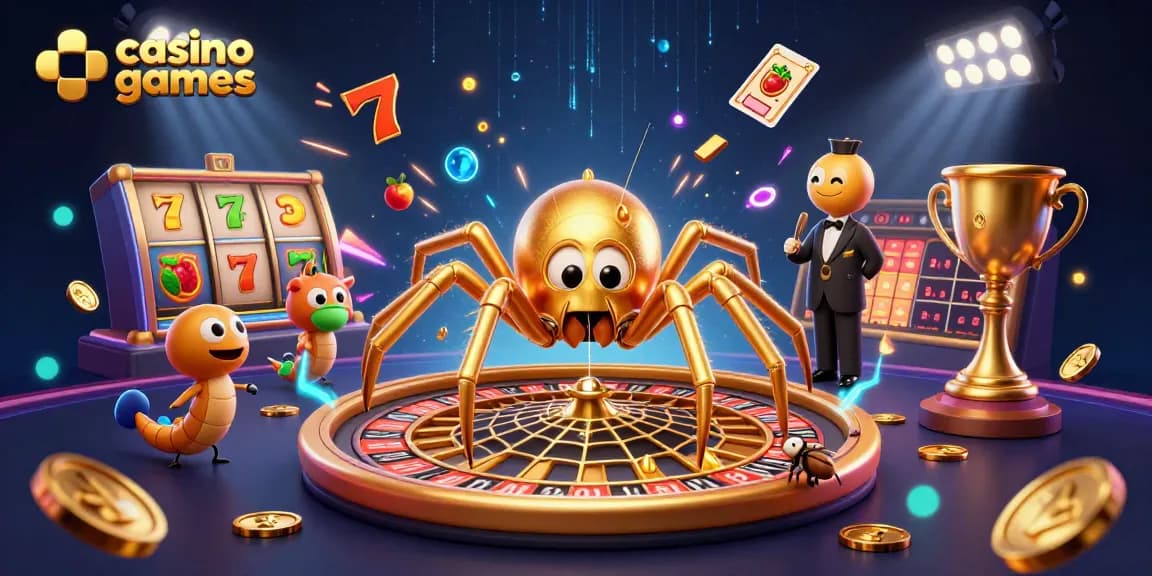 Experience exciting casino games with a golden spider, roulette wheel, and colorful slot symbols.