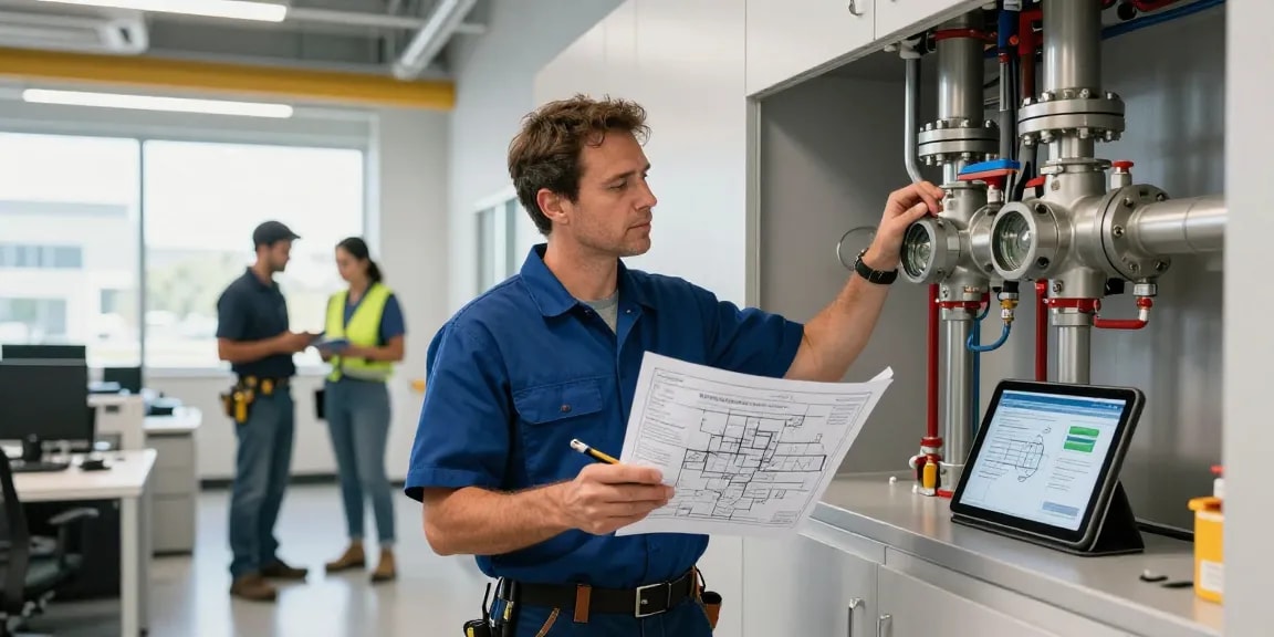 Expert inspecting commercial plumbing systems in San Diego office.