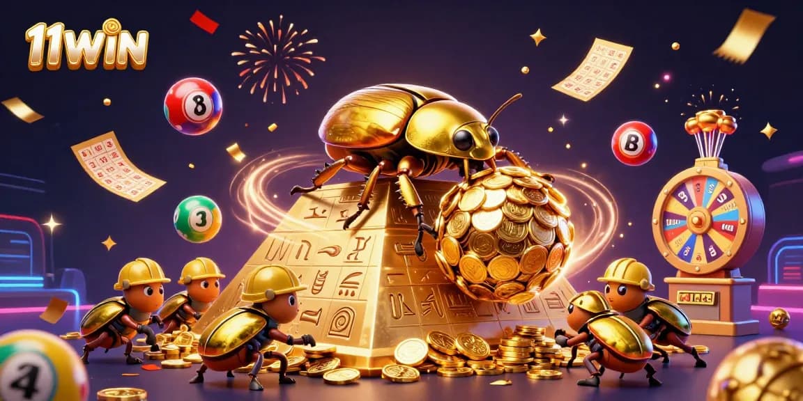Experience the excitement of 11WIN with vibrant lottery elements and a golden beetle scene.
