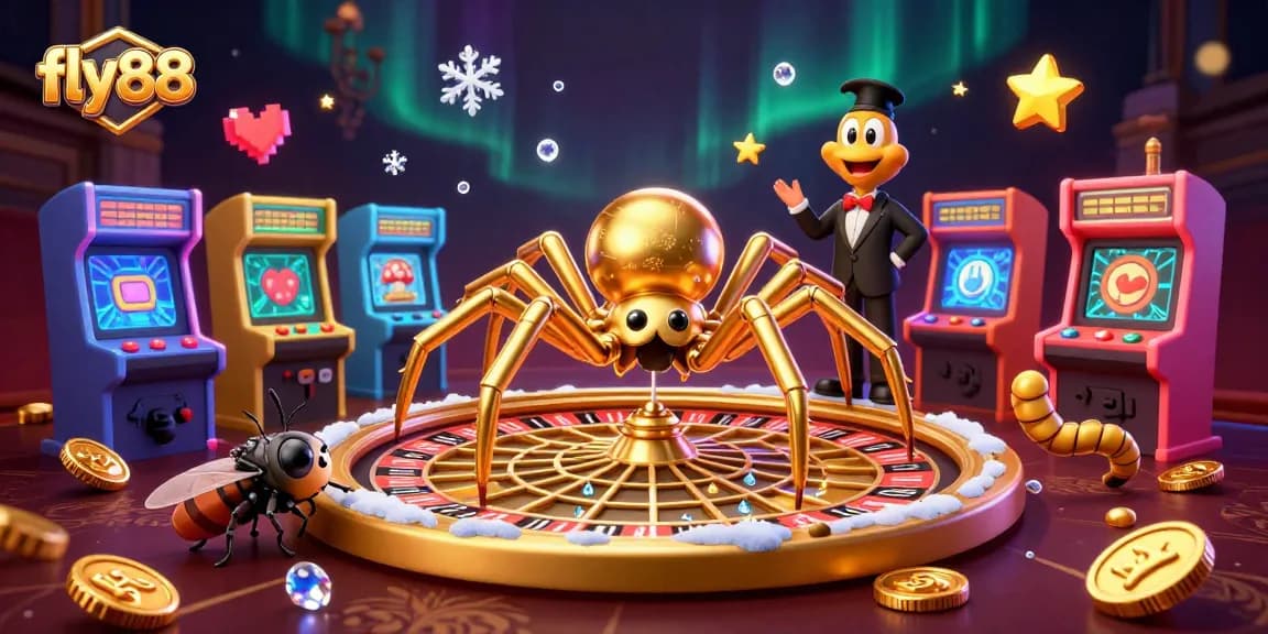 Place bets at fly88 with a golden spider spinning a roulette wheel in this animated casino scene.