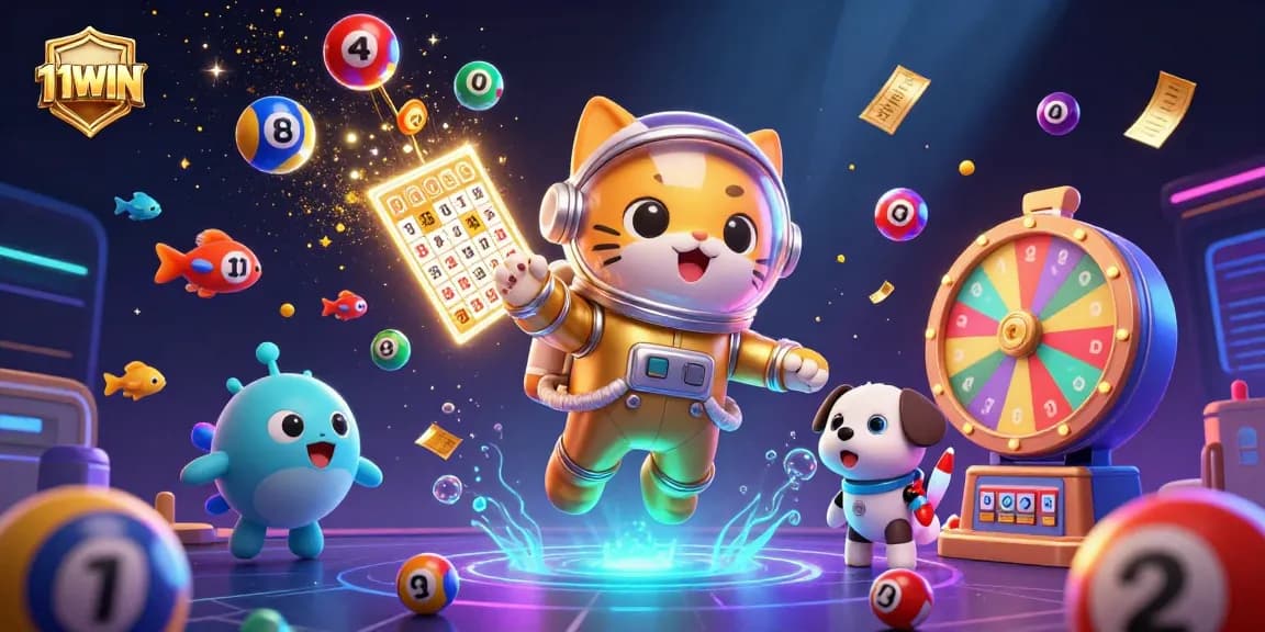 Engage with thrilling 11WIN lottery excitement in a vibrant 3D cosmic scene filled with colorful game elements.