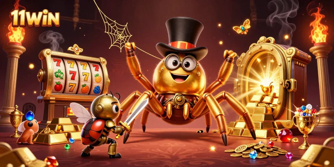 Join the thrill of slots at 11WIN with a cartoon scene of a golden tarantula and brave beetle knight.