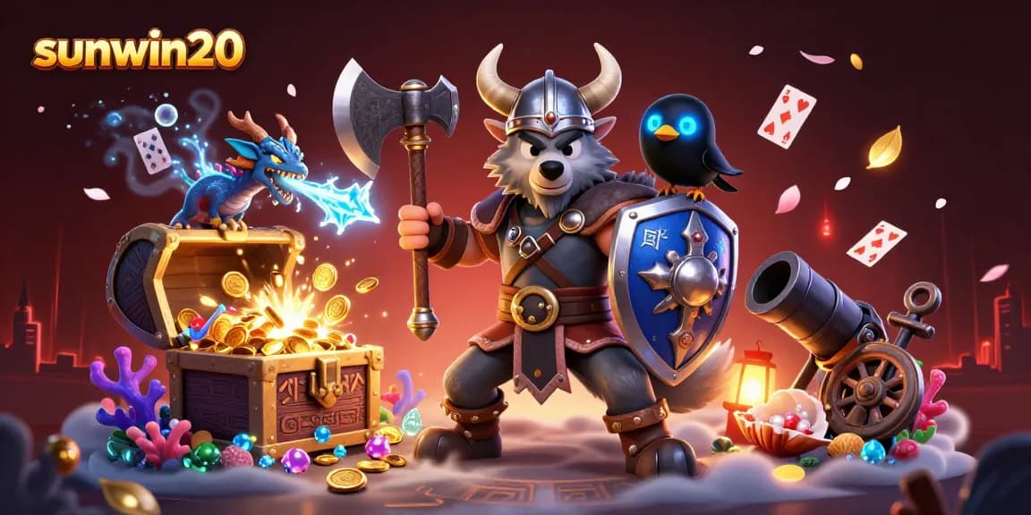 Engage with excitement using sunwin20 as 3D Viking warrior and dragon collide amidst casino treasures.