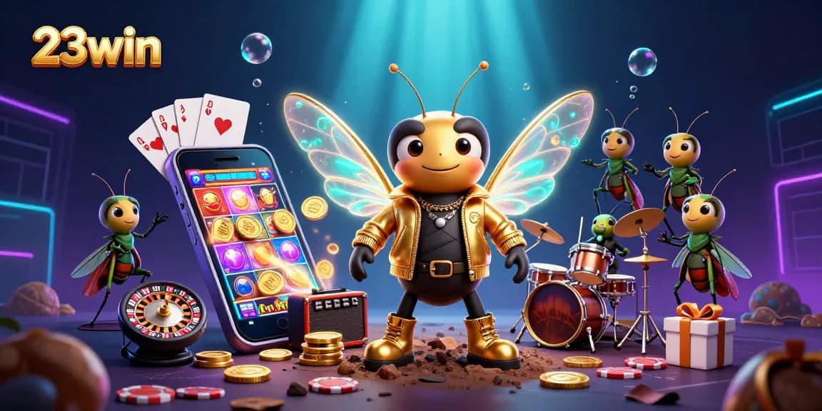 Experience the excitement of 23win with a vibrant scene of a rock star, drummer, and crickets amidst colorful casino elements.
