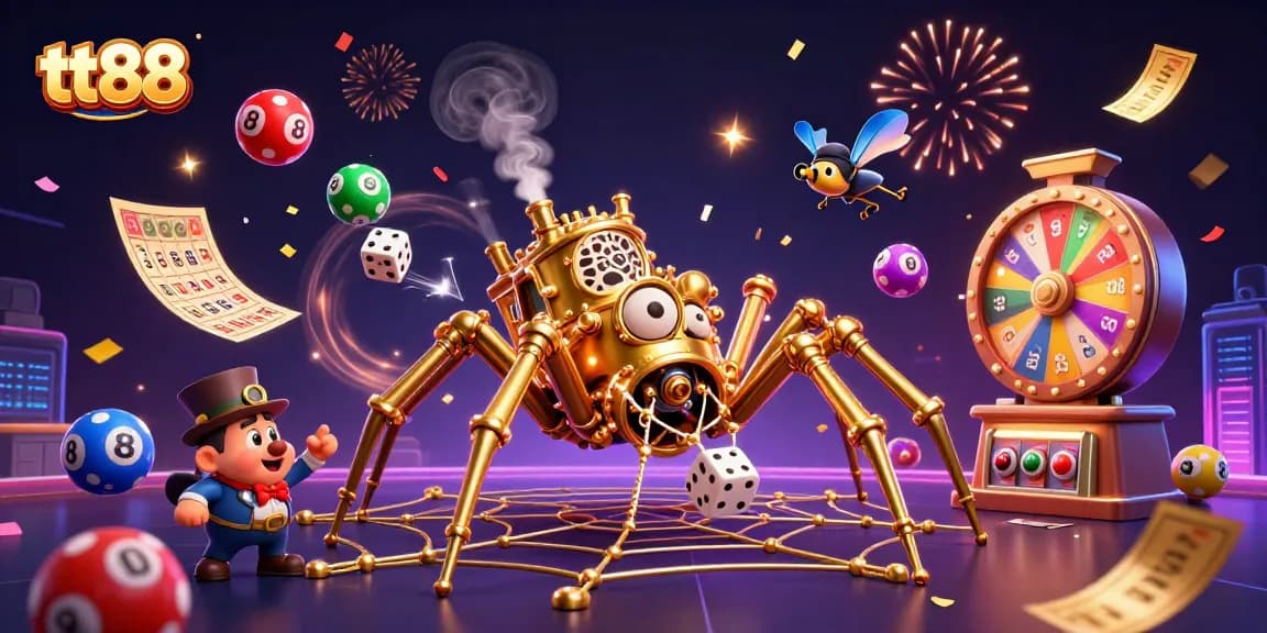 Engage with tt88's vibrant online gambling experience surrounded by colorful lottery elements and festive visuals.