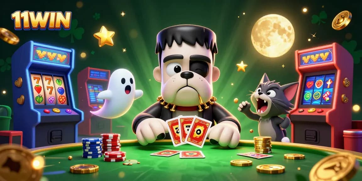 Experience thrilling wins at 11WIN with a lively casino scene featuring a playful bulldog dealer.