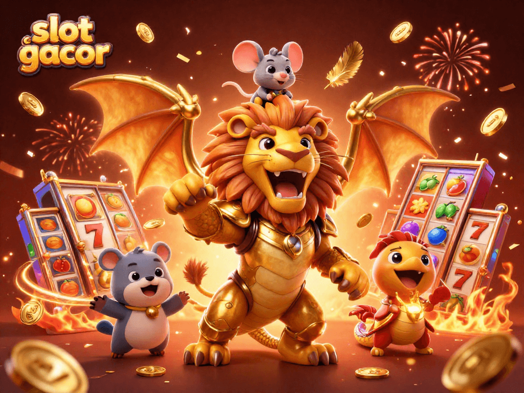 Experience the thrill of slot gacor with chimera creature, lucky symbols, and flying coins in a vibrant casino scene.