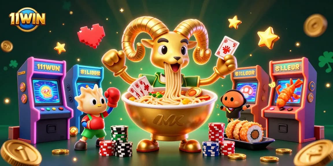 Engage with 11WIN in this vibrant 3D casino scene filled with unique characters, games, and excitement.