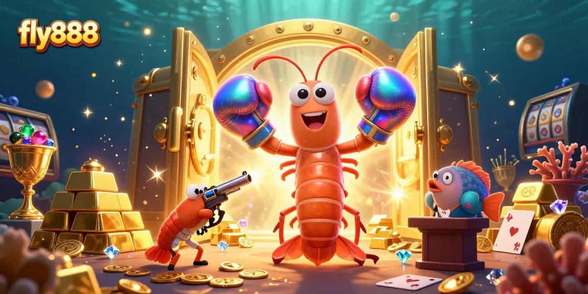 Experience the thrilling atmosphere of fly888 with vibrant 3D casino characters and treasures.