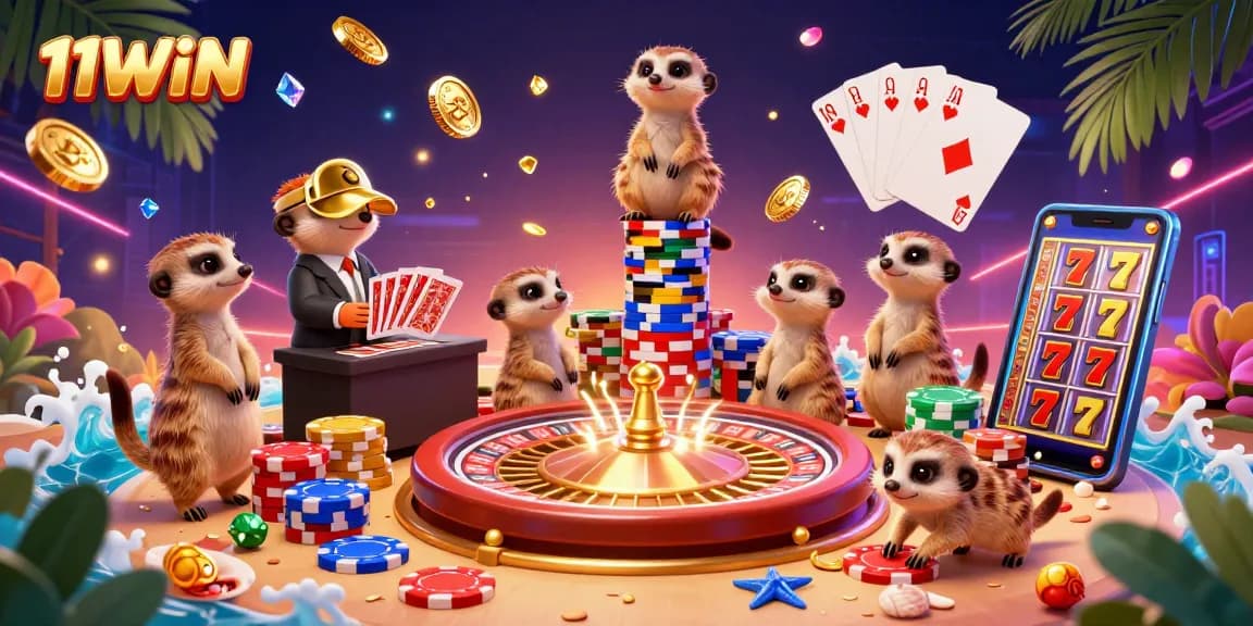 Experience the thrill of 11WIN with a vibrant meerkat casino scene filled with spinning roulette wheels and sparkling treasures.