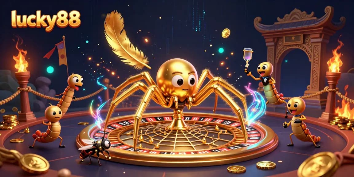 lucky88 players placing bets at a roulette-themed web, featuring a golden spider and centipede croupier.