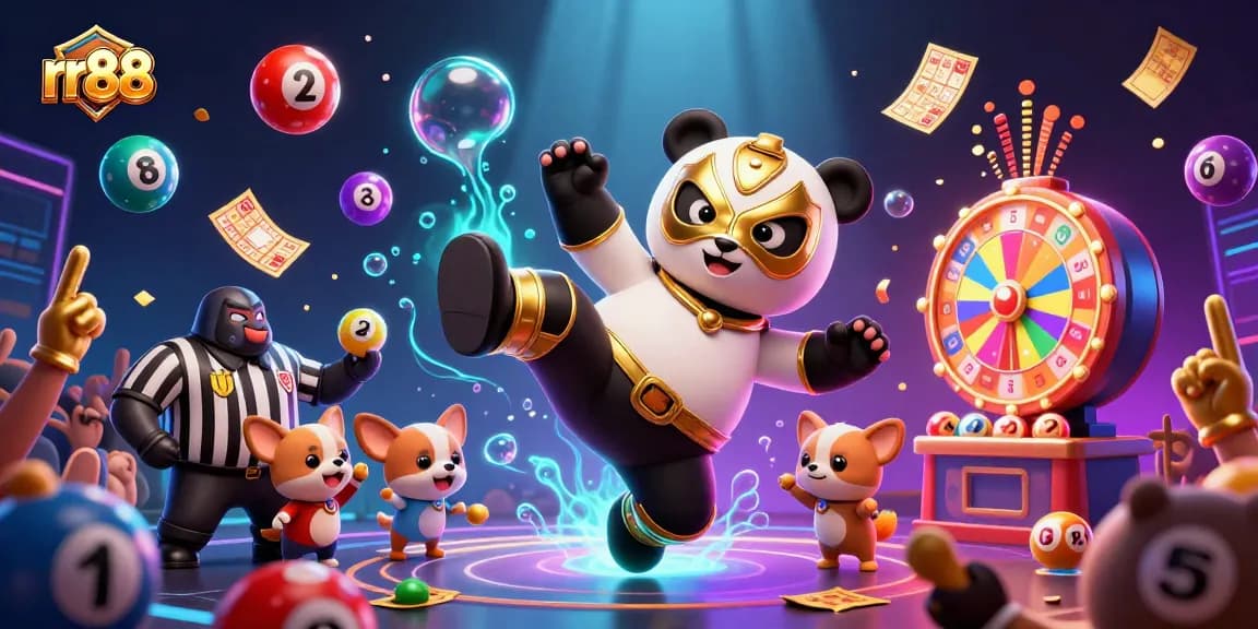 Experience top-tier excitement with rr88 as the animated panda wrestler kicks into action amidst a bustling casino scene.