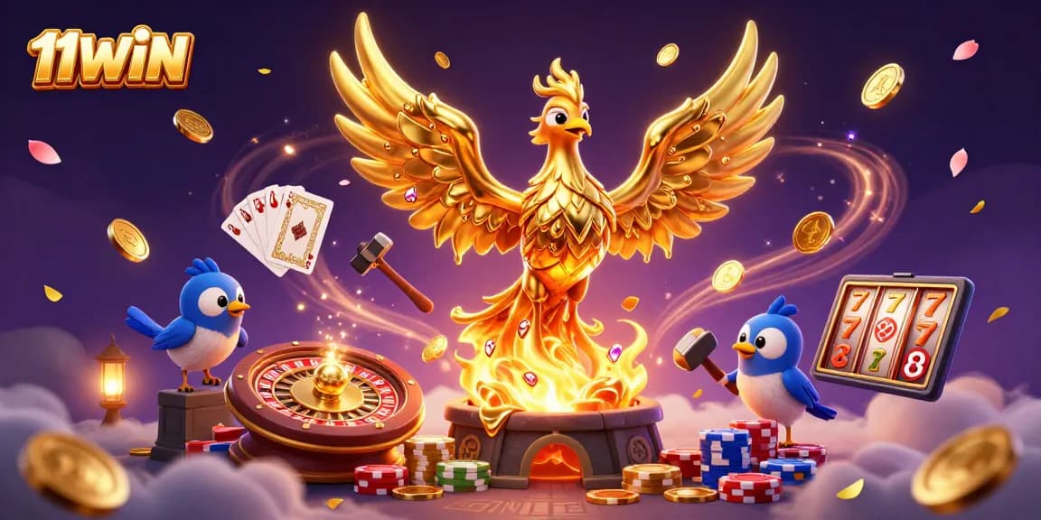 Engage with 11WIN as the golden phoenix transforms molten gold into coins amidst vibrant casino elements.