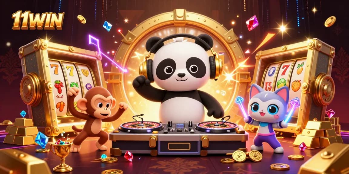 Spin the reels and win big with 11WIN in this dynamic casino scene!