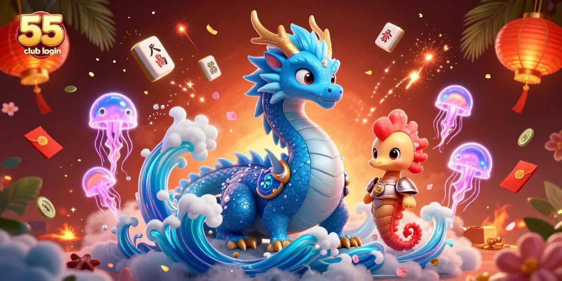 Experience the thrill with 55 club login, featuring an azure water dragon amidst casino elements.