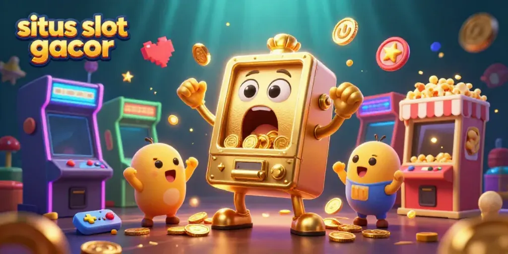 Experience the excitement of situs slot gacor as a golden slot machine hits a jackpot, surrounded by cheering baby machines.