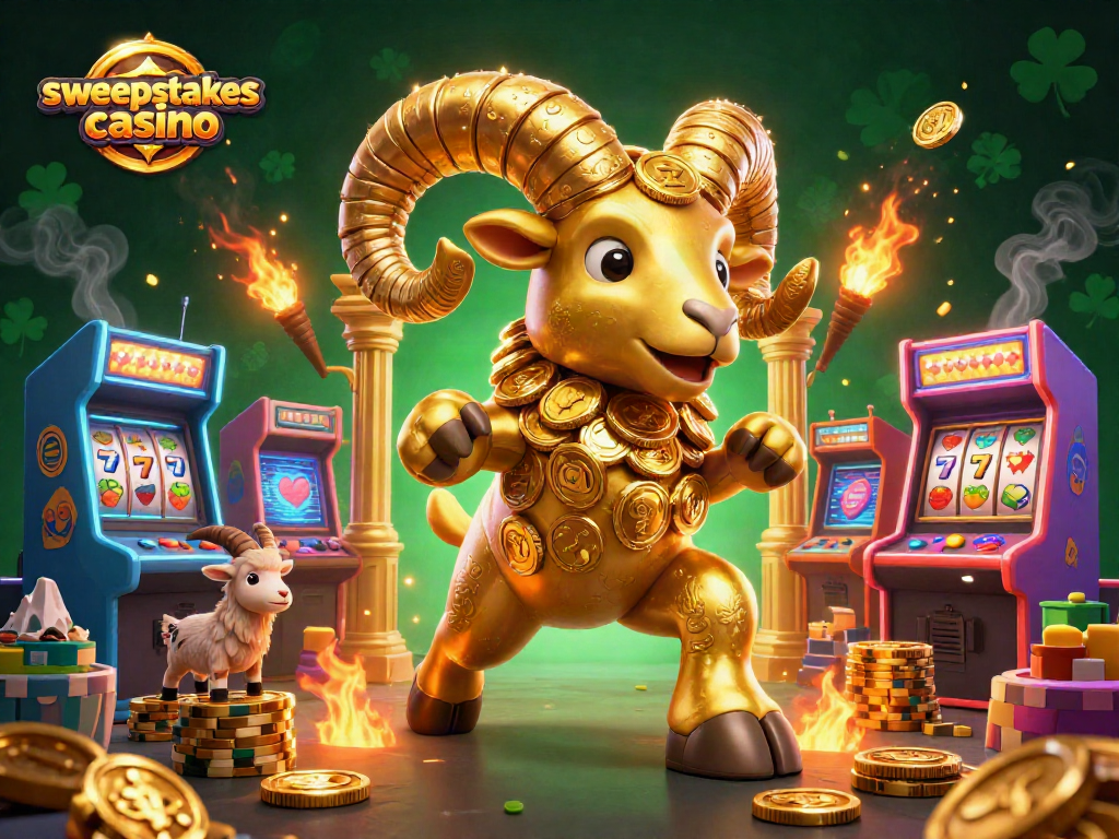 Engage in vibrant action at a sweepstakes casino with a golden ram charging through vibrant game machines.