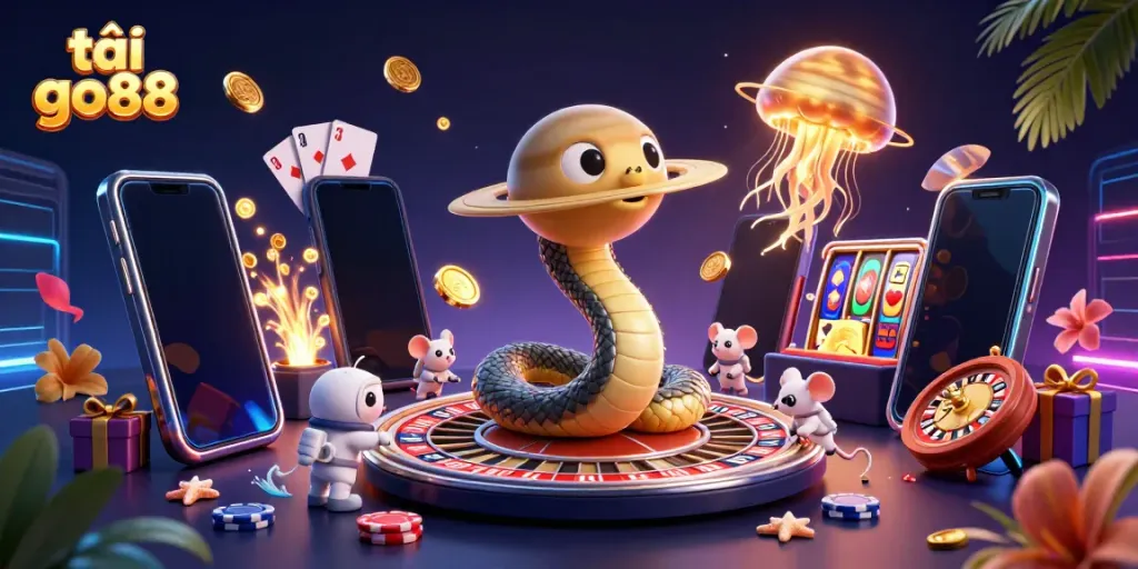 Experience the thrill of tải go88 with vibrant 3D characters and casino games in a cosmic setting.