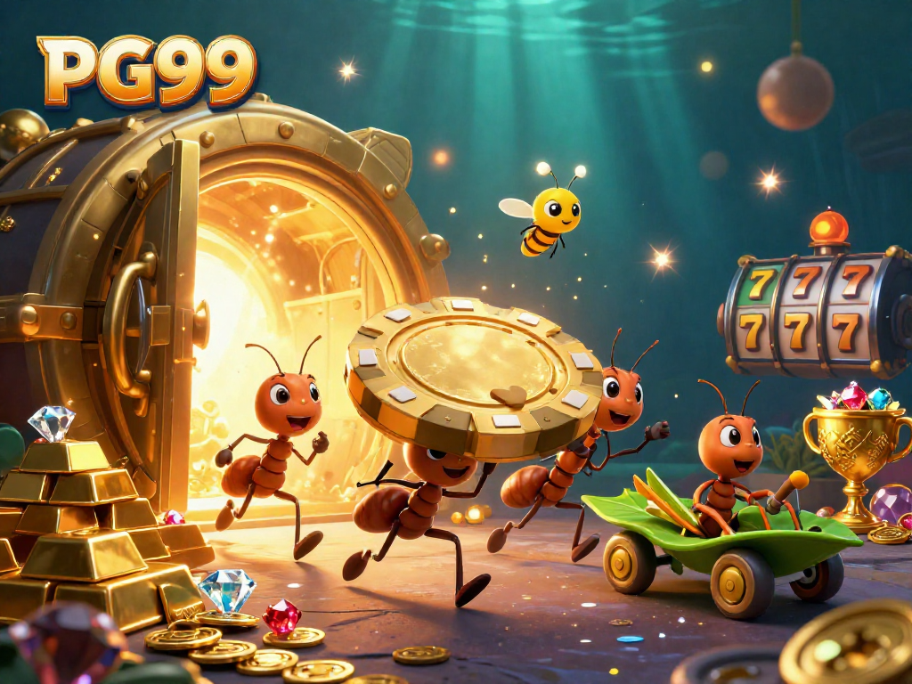 Ants transporting a giant poker chip in a vibrant PG99 casino heist illustration.