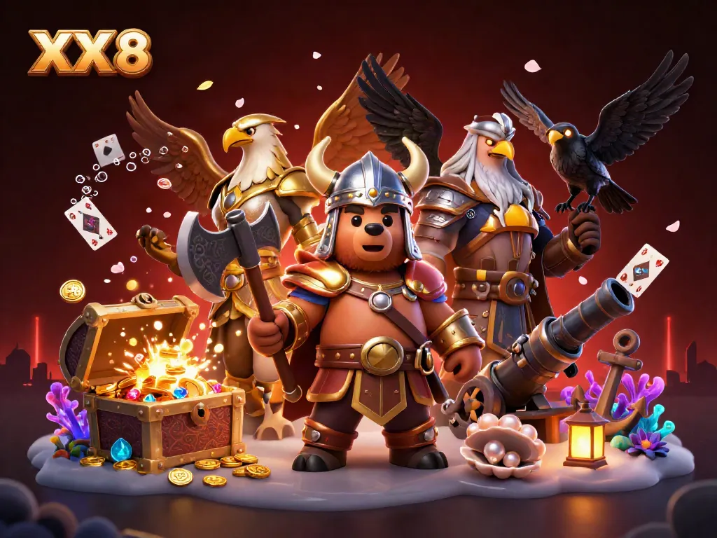 Experience thrilling gameplay with XX 8 as Viking bear and Valkyrie eagle battle against vibrant treasures.