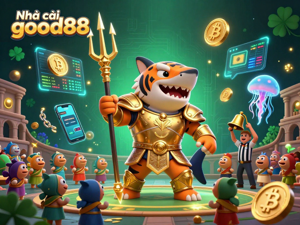 Engaging illustration of Nhà cái good88 featuring a tiger shark in gladiator armor in an underwater colosseum.