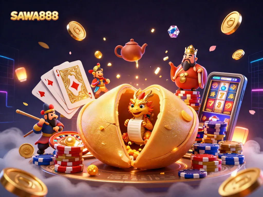 Spin to win with SAWA888 as golden fortune cookie, dragons, and casino chaos come alive!