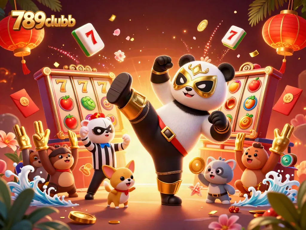 Engage in 789clubb's thrilling slots action as a cartoon panda kicks into excitement amidst vibrant game elements.