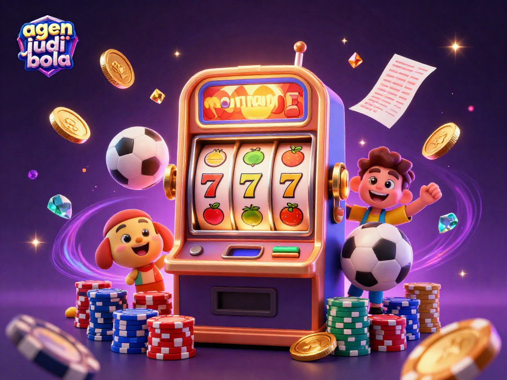 Win big with agen judi bola in a vibrant casino scene featuring slots, sports betting, and rich visuals.
