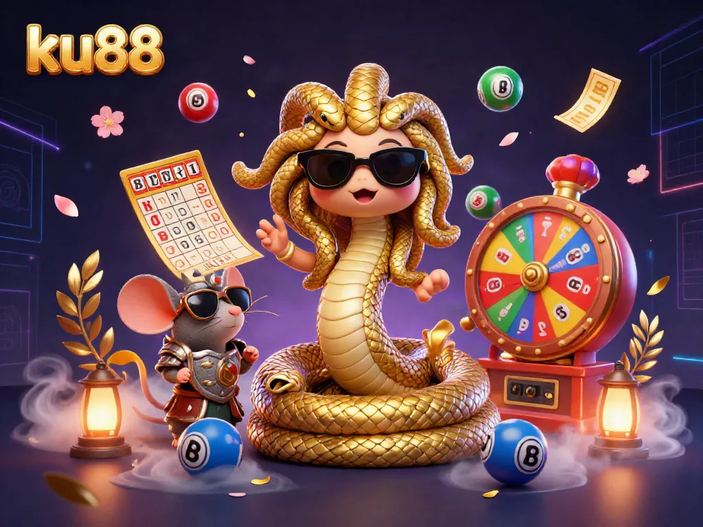 Experience the thrill of ku88 with vibrant lottery elements, featuring Medusa and a warrior mouse in a dynamic casino scene!