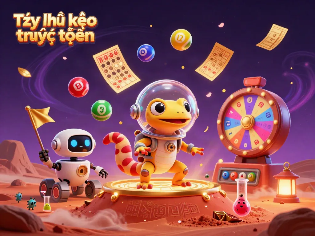 Engaging scene depicting Tỷ lệ kèo trực tuyến with Martian gecko and casino games in a vibrant atmosphere.