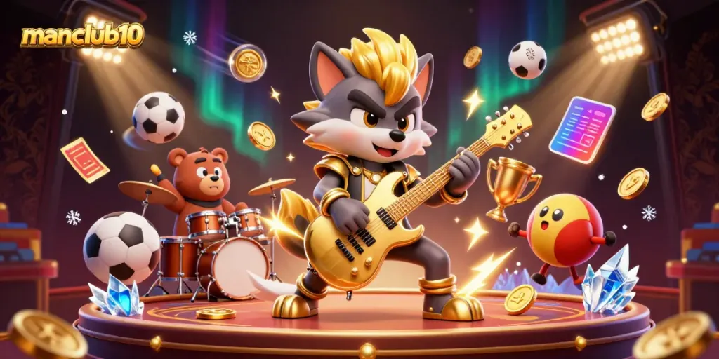 Experience the thrilling excitement of manclub10 with a cartoon wolf rock star performing on a vibrant casino stage.