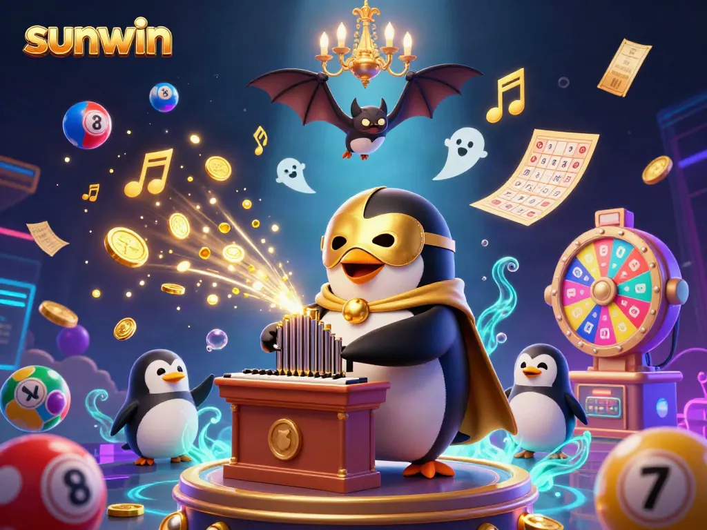 Experience sunwin’s exciting dynamic gaming scene with golden coins, lively lottery elements, and animated characters.