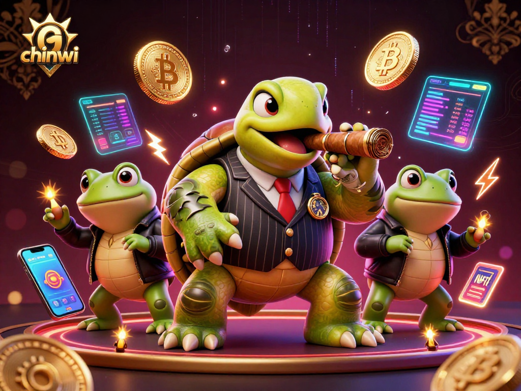 Experience the excitement of chinwi with a 3D illustration of a snapping turtle mobster and bullfrog enforcers.