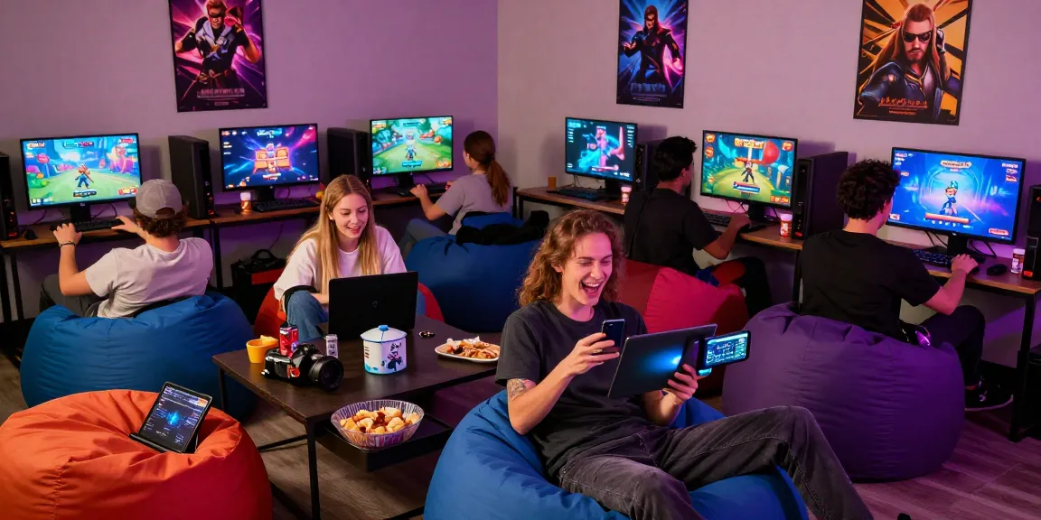 Friends enjoying free porn games on various devices at a lively gaming lounge