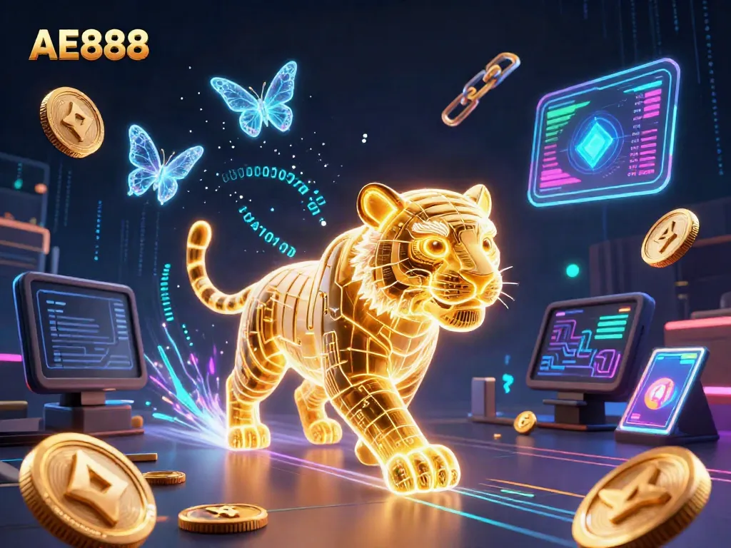 Engage in the vibrant AE888 digital casino world with a luminous golden tiger and holographic elements.