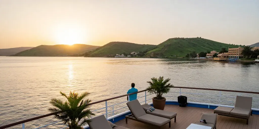 Traveler enjoying the stunning views during a Lake Nasser Cruise at sunset.