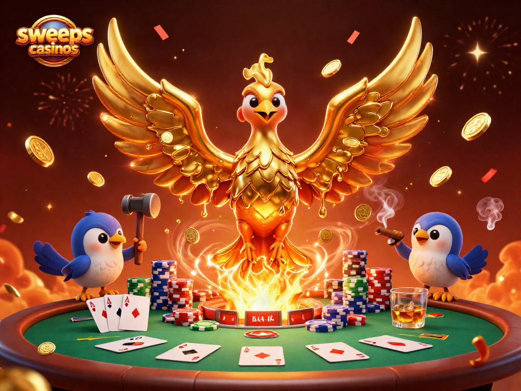 Engage with sweeps casinos through this vibrant 3D illustration featuring a molten gold phoenix and poker elements.