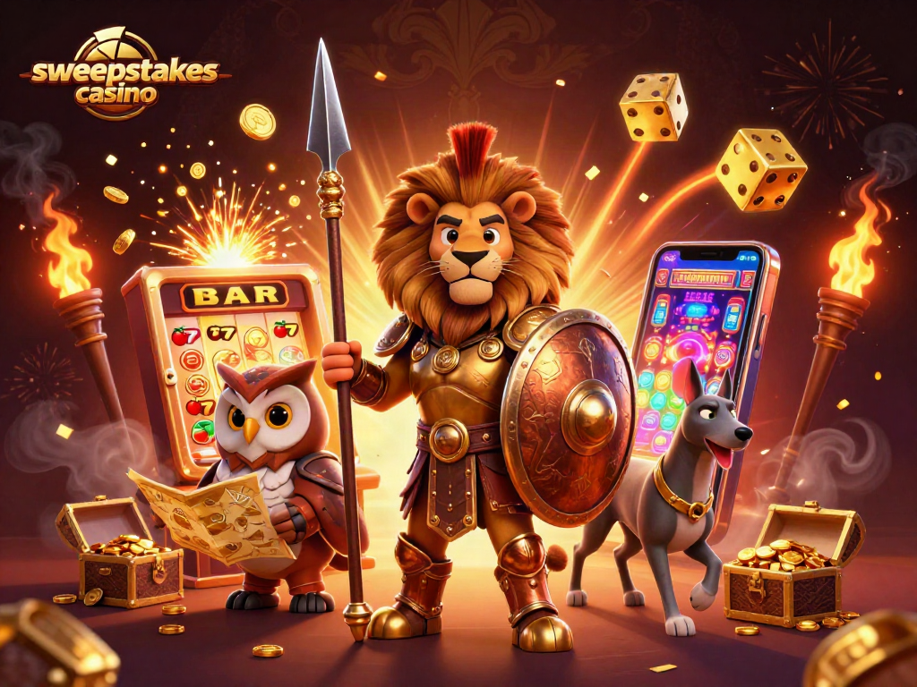 Experience the excitement of sweepstakes casino with a vibrant 3D illustration showcasing thrilling gaming elements.