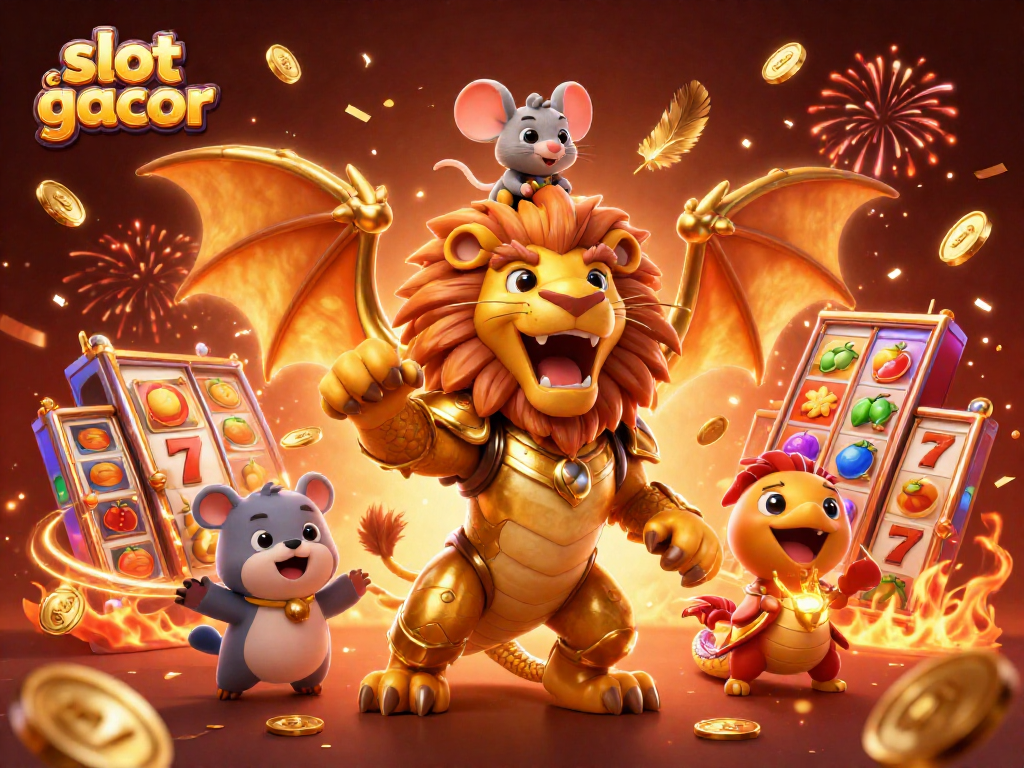Experience the thrill of slot gacor with chimera creature, lucky symbols, and flying coins in a vibrant casino scene.
