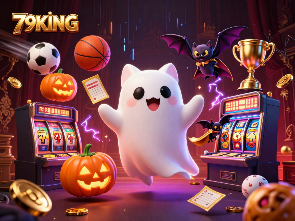 Discover thrilling gameplay with 79KING in a vibrant haunted casino scene filled with slot reels and sports elements.