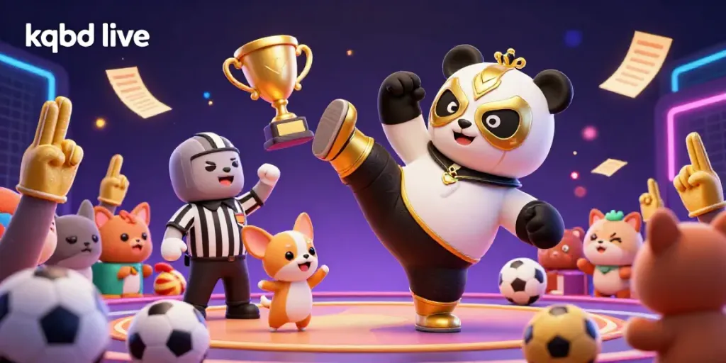 KQBD live sports betting scene with a panda wrestler and cheering animal crowd in 3D illustration.