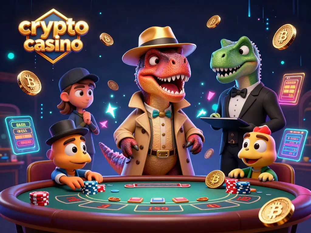 Experience the excitement of a crypto casino with a velociraptor card counter and blockchain elements in a 3D scene.