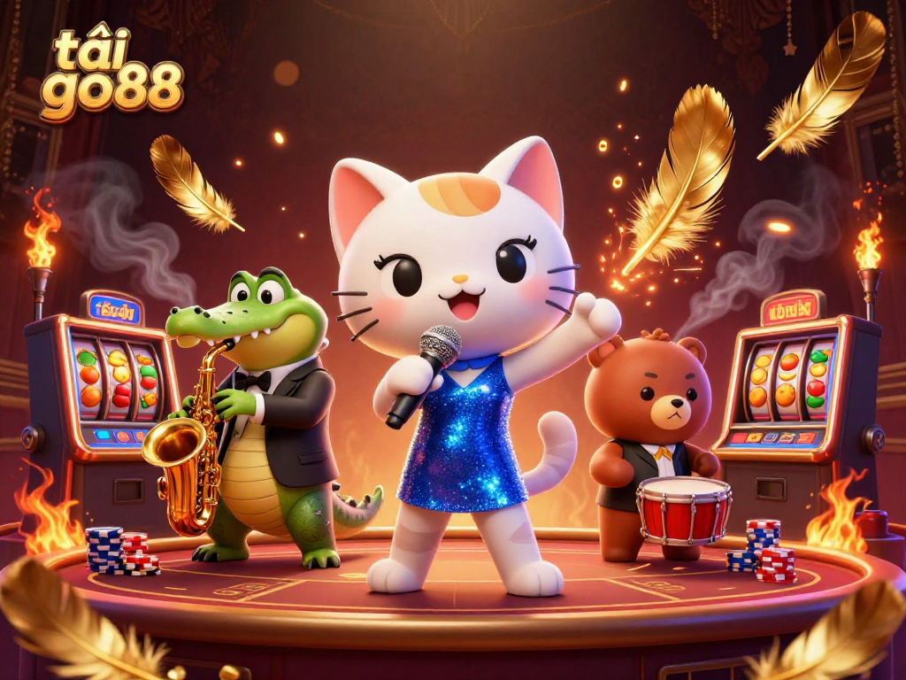 Engage with tải go88 for thrilling gaming experiences featuring a vibrant jazz singer cat and lively casino atmosphere.