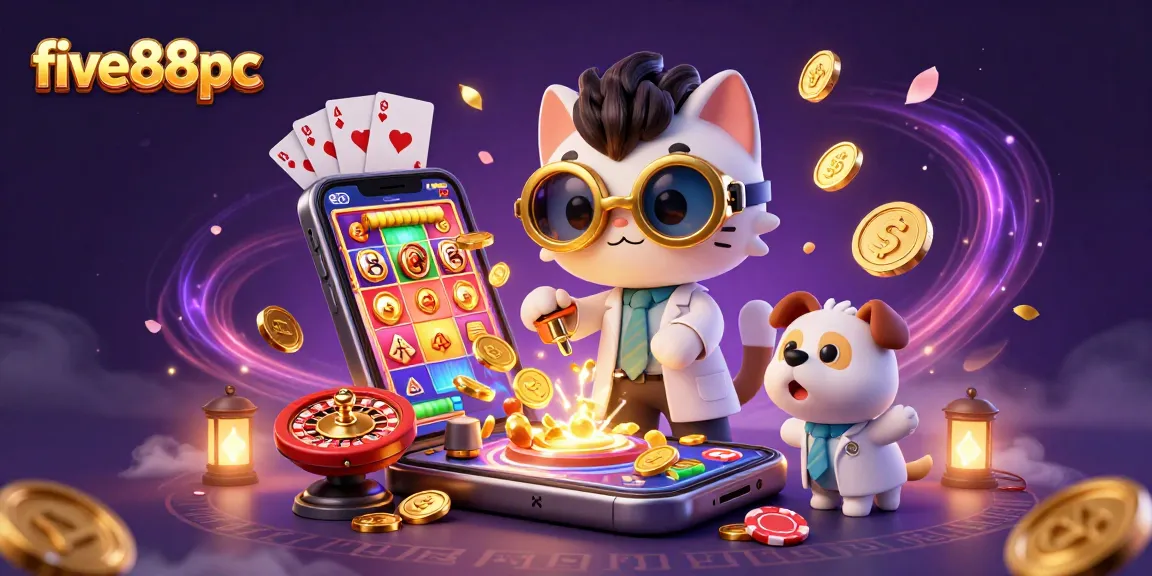 Experience the excitement of five88pc with a dynamic casino scene of a mad scientist cat and loyal dog in a gaming lab.