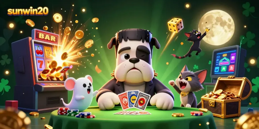 Experience the thrill of sunwin20 with vibrant characters and dynamic casino elements in this captivating illustration.